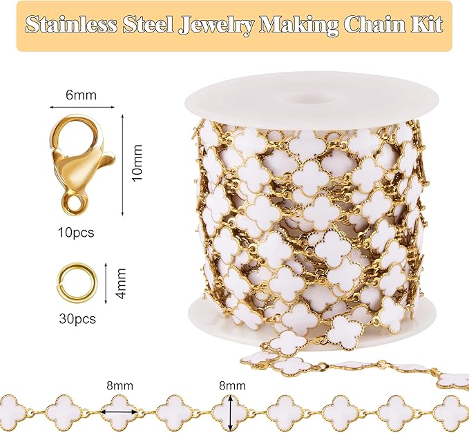 GTVOODX Gold Plated White Enamel Clover Link Chain 9.8 Feet Stainless Steel Craft Chain Bulk for Women DIY Jewelry Making with Lobster Clasps Jump Rings