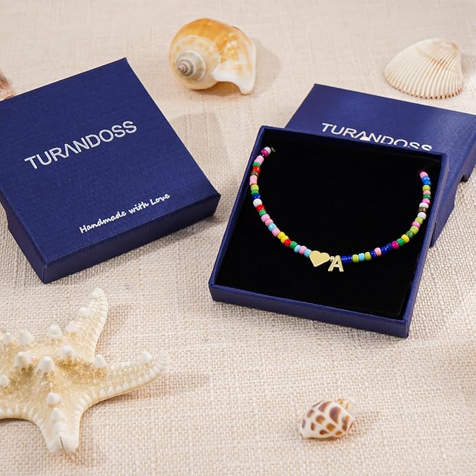 Turandoss Valentines Day Gifts for Kids Teen Girls - Colorful Beaded Initial Necklace, Dainty 14K Gold Plated Heart Letter A-Z Pendant Summer Jewelry Birthday Valentines Day Gifts for Her