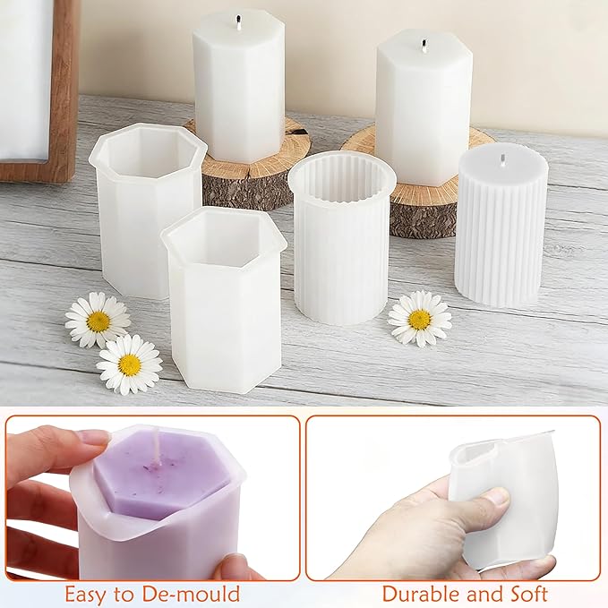 8PCS Reusable Silicone Candle Molds Set - Cylinder/Hexagon/Octagonal/Heart/Flower/Square Shapes for DIY Candle Making, Soap, Resin Crafts, Easy Release Candle Making Kit with Multiple Sizes