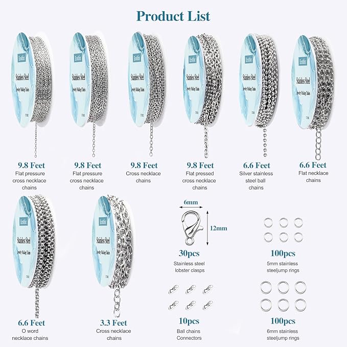 Ecoofor Necklace Chains for Jewelry Making, 62.3 Feet 8 Rolls 304 Stainless Steel Jewelry Chains for DIY Necklace Bracelet Jewelry Making with Stainless Steel Jump Rings/Lobster Clasps/Connectors