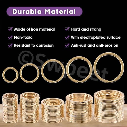Swpeet 60 Pcs Gold Assorted Multi-Purpose Metal Keychain Rings Split Keyrings Flat O Ring for Home Car Keys Attachments Keys Pendants - 20mm, 25mm, 30mm, 35 mm, 38 mm