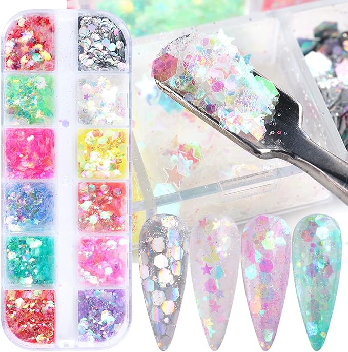 Iridescent Glitter Nail Art Sequins, Holographic 3D Irregular Ultra-Thin Nail Art Glitter Flakes Designs, Shiny Mermaid Nail Glitter Slices Resin Acrylic Supplies for Women Girls Manicure Decorations