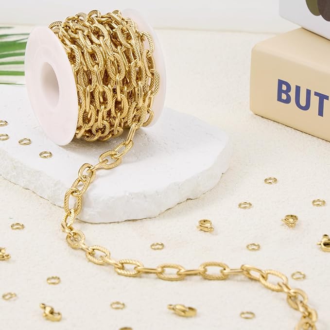 GTVOODX 18K Gold Plated Cable Chains Bulk Chunky Stainless Steel Unsoldered Textured Oval Link Chain Roll Spool for DIY Jewelry Making Supplies Findings