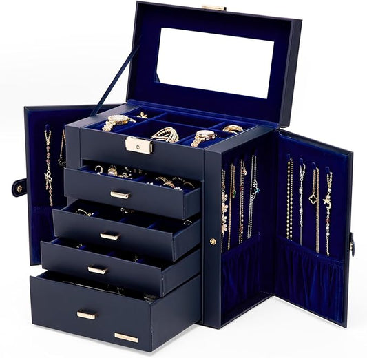 Homde Valentine's Day Gifts Synthetic Leather Huge Jewelry Box Mirrored Watch Organizer Necklace Ring Earring Storage Lockable Gift Case (Dark Blue + Gold)