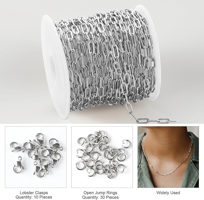 Kyutong 16.4 Feet Stainless Steel Chain Link with Spool Soldered Silver Chains for Jewelry Making 3MM Paperclip Necklace Chains Bulk for DIY Craft Bracelet Ankle Finding Supplies