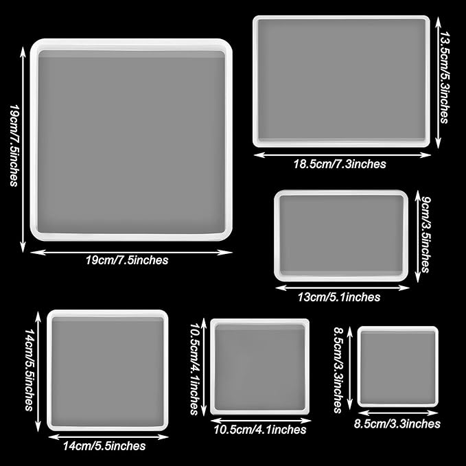 Patelai 6 Sizes Silicone Coaster Resin Molds Kit Square Rectangular Coaster Epoxy Resin Molds Rectangle Deep Tray Casting Mold for DIY Flower Bouquet Preservation Cup Mat Home Decoration