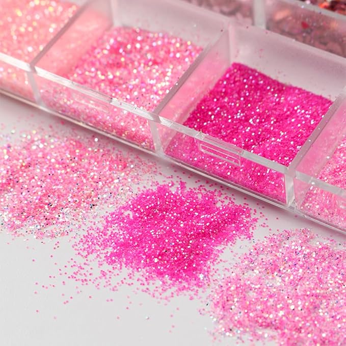 Valentines Holographic Nail Glitter Foils, 12Grid Pink Sparkly Ultra-Thin Foil Nail Art Flakes Design, Laser Nail Sequins Acrylic Supplies for Women Girls Manicure Charms Decor, DIY 3D Nail Art Tips