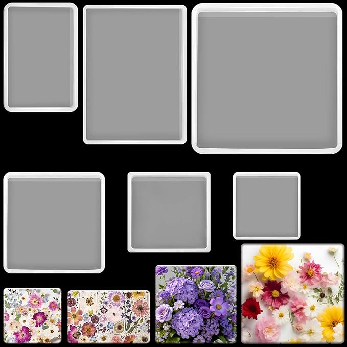 Patelai 6 Sizes Silicone Coaster Resin Molds Kit Square Rectangular Coaster Epoxy Resin Molds Rectangle Deep Tray Casting Mold for DIY Flower Bouquet Preservation Cup Mat Home Decoration