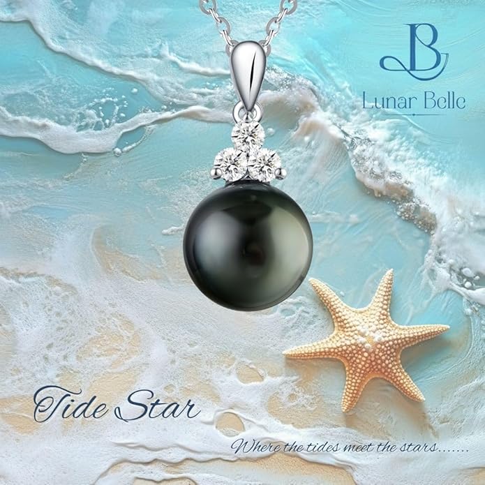 Lunar Belle Sterling Silver Black Pearl Pendant Necklace with Moissanite, Elegant Jewelry Birthday Gift for Women Girlfriend Wife Valentine's Day (Tide Star)