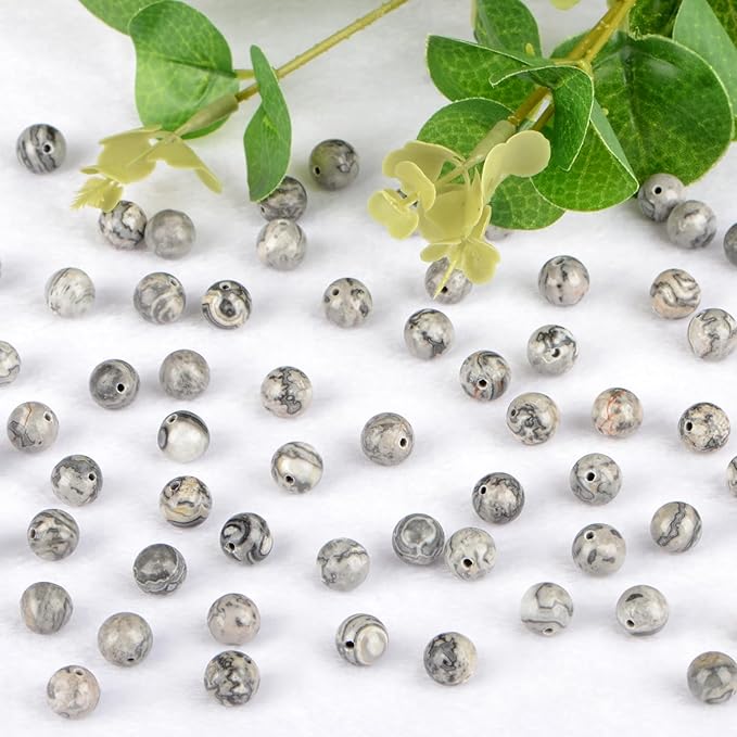 Natural Stone Genuine Stones DIY Map Jasper Round Beads 8mm 100pcs Beading Loose Gemstone Hole Size 1mm Charm Smooth Beads for Bracelets Necklaces Earrings (Map Jasper 8mm)