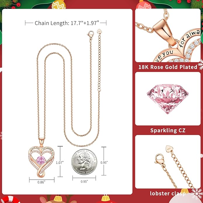 Infinity Love Heart Birthstone Necklace for Women Wife, S925 Sterling Silver Anniversary for Women Wife Birthday Gift for Her Girlfriend Mom Daughters, I Love You Women's Jewelry 18k Rose Gold Filled