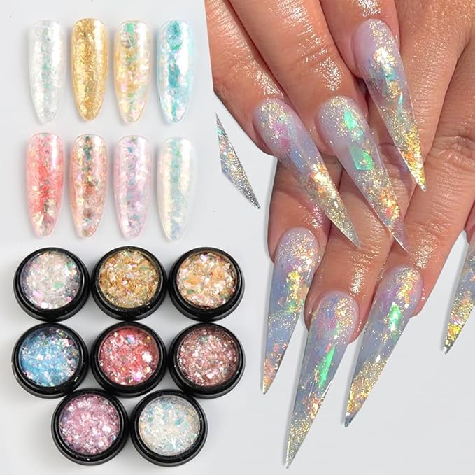 Holographic Mermaid Nail Art Glitter Iridescent Flakes, 8 Colors Aurora Irregular Ice Slag Opal Nail Foil Flakes Ultra-Thin Paillettes Glitter Sequins for Gel Polish Nail Art Decoration, Resin Craft
