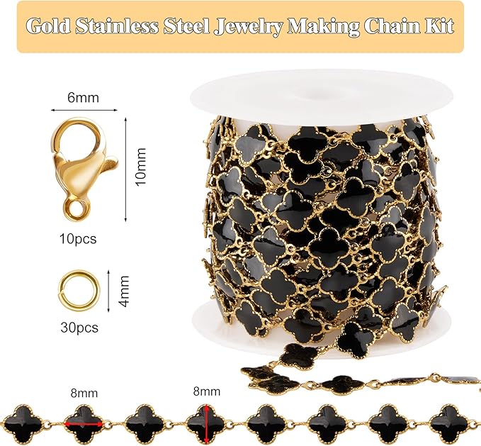 GTVOODX 18k Gold Black Enamel Clover Stainless Steel Chains for Jewelry Making, 3 Meters 8mm Link Chain Bulk Bracelet Necklace Jewelry Making DIY Supplies