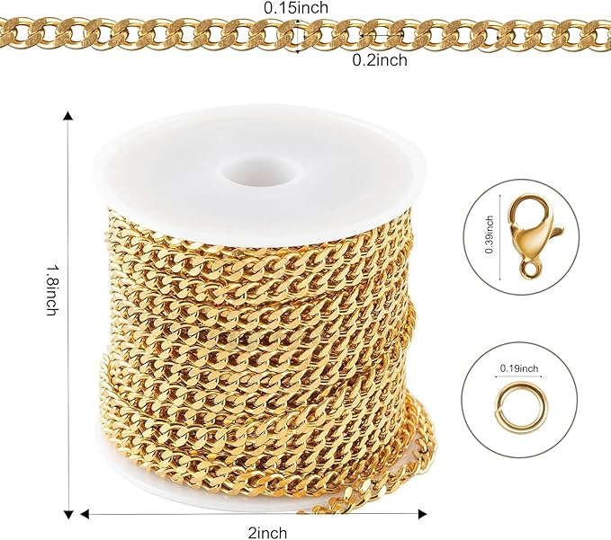 Kyutong 16.4 Feet Gold Plated Craft Chains for Jewelry Making Stainless Steel Curb Chain Roll for Women Men Necklace Bracelet DIY Supplies Findings