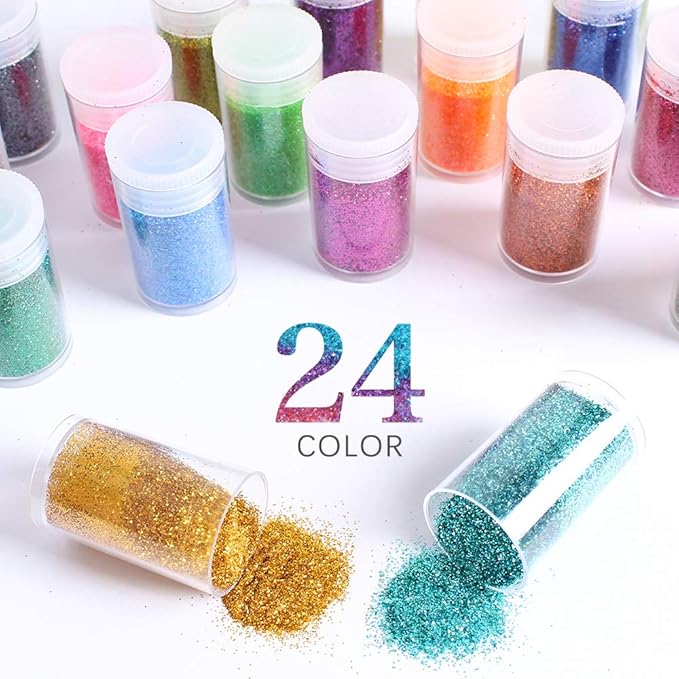 Extra Fine Glitter, Set of 24 Colors Nail Arts Cosmetic, Resin Crafts Loose Glitter Powder Shaker for Face Body Hair Eye Lip Gloss Makeup, Slime and Tumbler Making (8g)