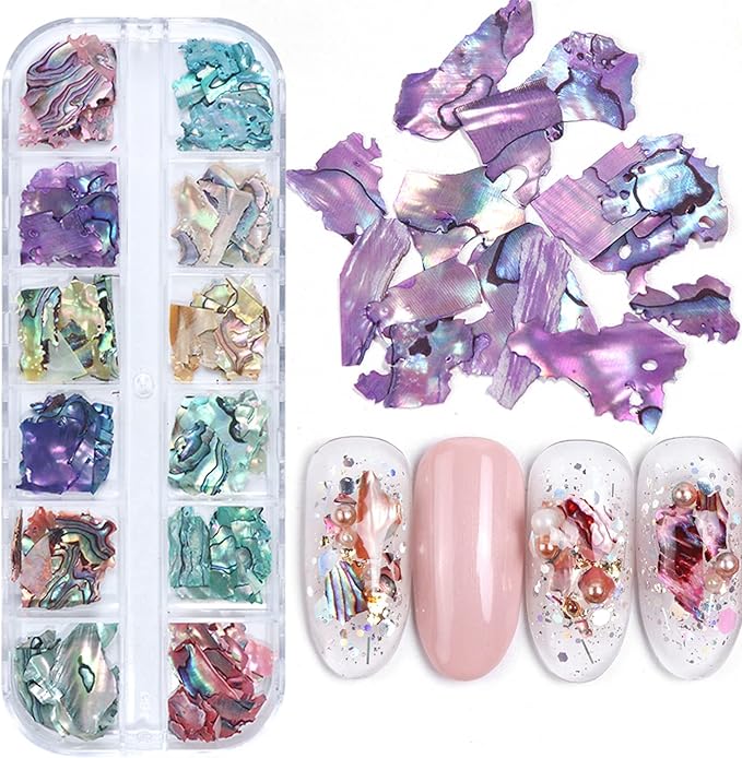 Abalone Seashell Nail Art Slices, Holographic 3D Mermaid Irregular Nail Art Glitter Flakes, Ocean Beach Shell Nail Sequins Supplies for Women Girls Manicure Sparkly Decoration, DIY Resin Nail Art Tips