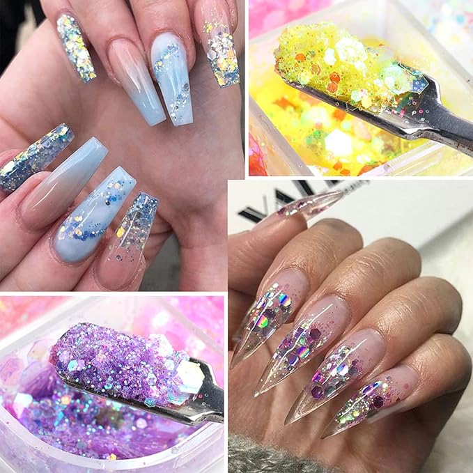 Iridescent Glitter Nail Art Sequins, Holographic 3D Irregular Ultra-Thin Nail Art Glitter Flakes Designs, Shiny Mermaid Nail Glitter Slices Resin Acrylic Supplies for Women Girls Manicure Decorations