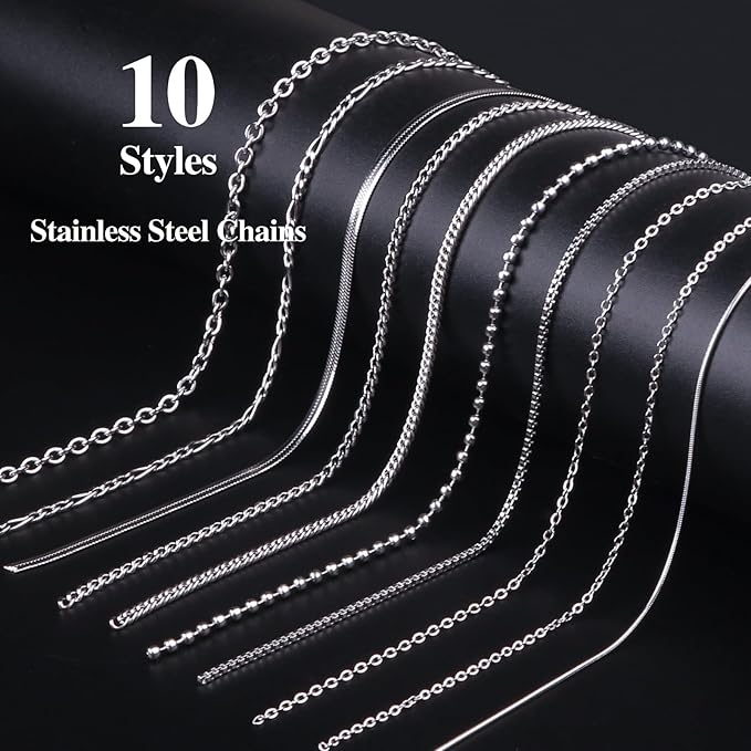 Ecoofor Necklace Chains for Jewelry Making, 82 Feet 10 Rolls Stainless Steel Jewelry Chains for Men Women DIY Necklace Bracelet Jewelry with Jump Rings/Lobster Clasps/Connectors