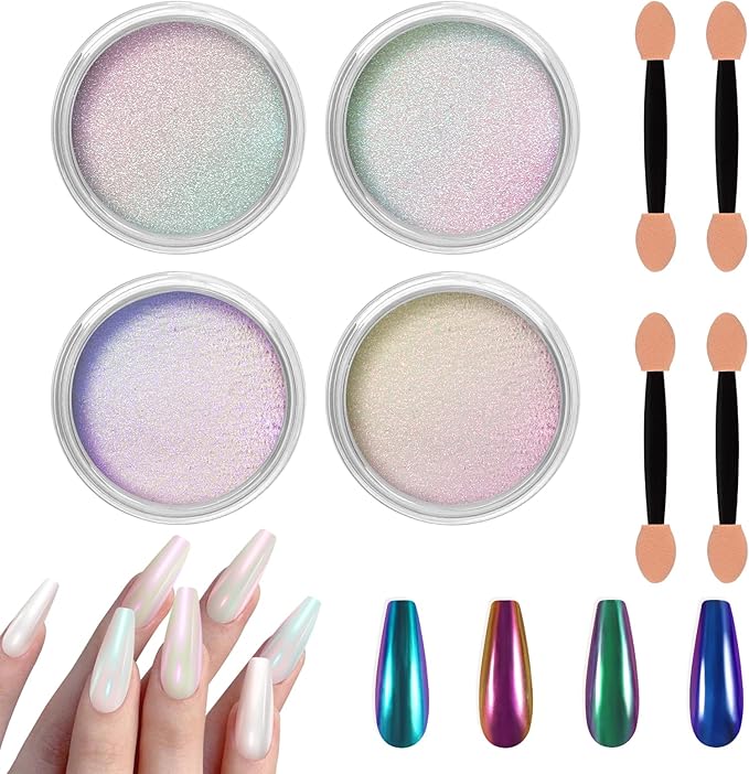 Allstarry White Chrome Nail Powder, 4 PCS Color-Shift Chameleon Chrome Effect Powder Neon Aurora Glitter Dust Iridescent Pearlescent Pearl Pigment for Nail Art Decoration, Gel Polish, Resin Craft