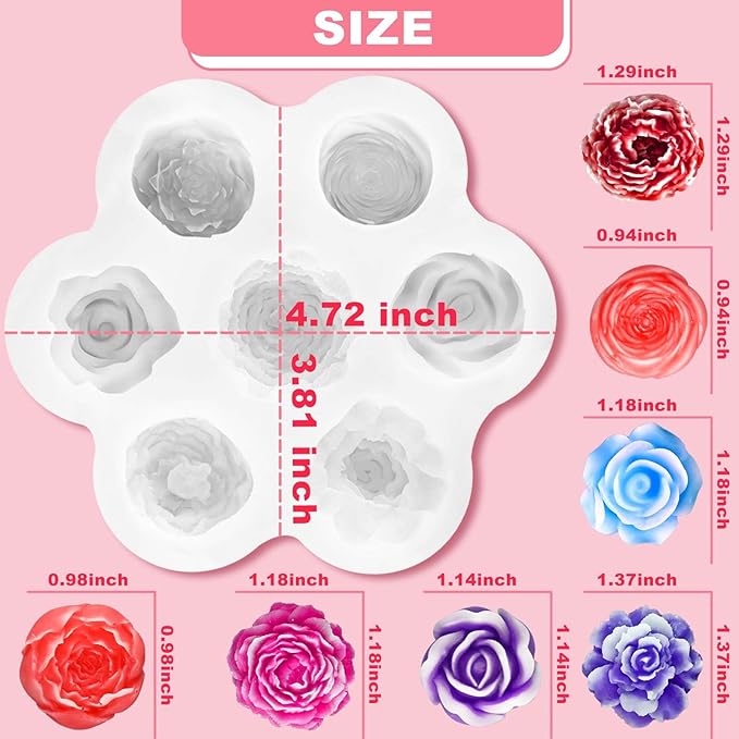 7 Cavity Flower Silicone Molds, Flower Candle Molds for Candle Making, Rose Peony Fondant Molds for Jelly Chocolate Mousse Cake Decorating Scented Candles Soaps Making, Wax, Resin Casting Crafts
