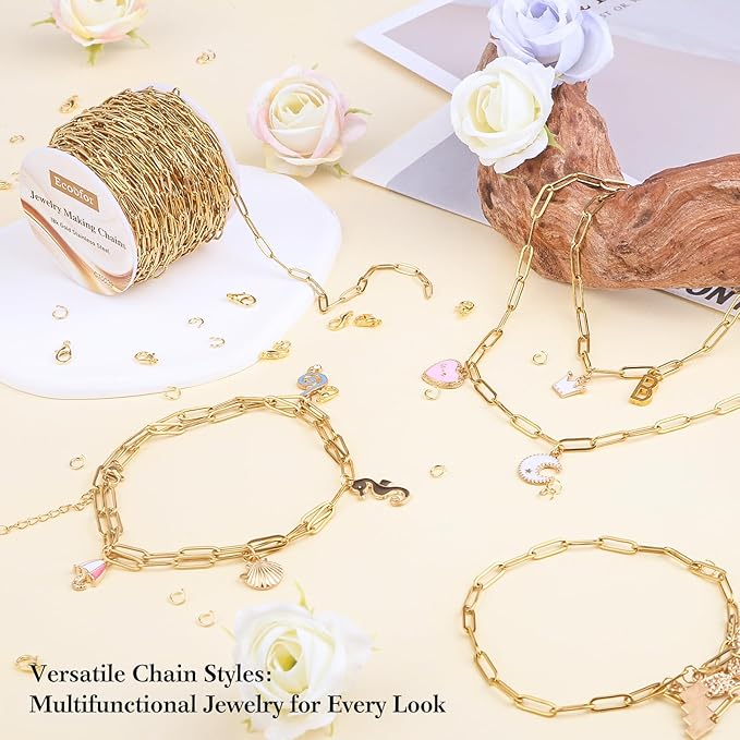 33 Ft 18k Gold Stainless Steel Paperclip Chains Roll - 3mm Width, Gold Plated Chain with Jump Rings & Lobster Clasps