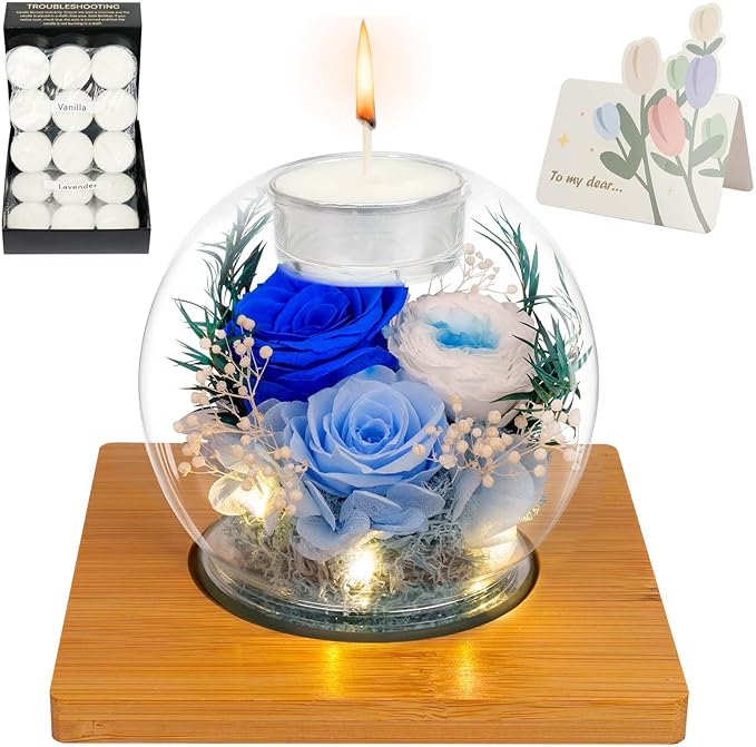 Preserved Blue Real Rose in Glass with Scented Candles–Eternal Flower Romantic Anniversary Mothers Day Christmas Birthday Valentines Day Gifts for Her, Women, Wife, Girlfriend, Mom, Grandma