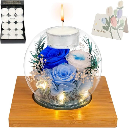 Preserved Blue Real Rose in Glass with Scented Candles–Eternal Flower Romantic Anniversary Mothers Day Christmas Birthday Valentines Day Gifts for Her, Women, Wife, Girlfriend, Mom, Grandma