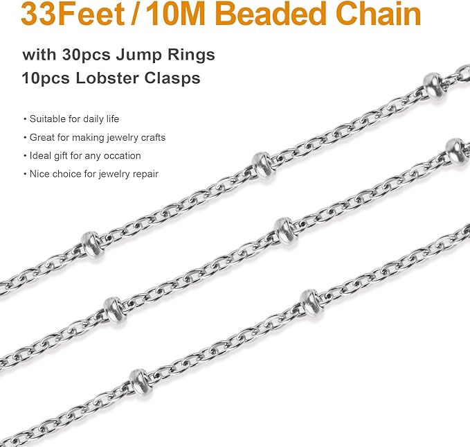 Kyutong Dainty Beaded Chain for Jewelry Making Silver Cable Chain Spool 304 Stainless Steel Chains Link for Women Men Making Jewelry Craft Finding Supplies