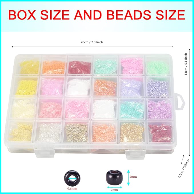 Glass Seed Beads Assorted Kit - Size 12/0 (2mm Tiny), 48 Multicolor Options (48,000pcs Total) with Organizer Box for Adult DIY Jewelry Making