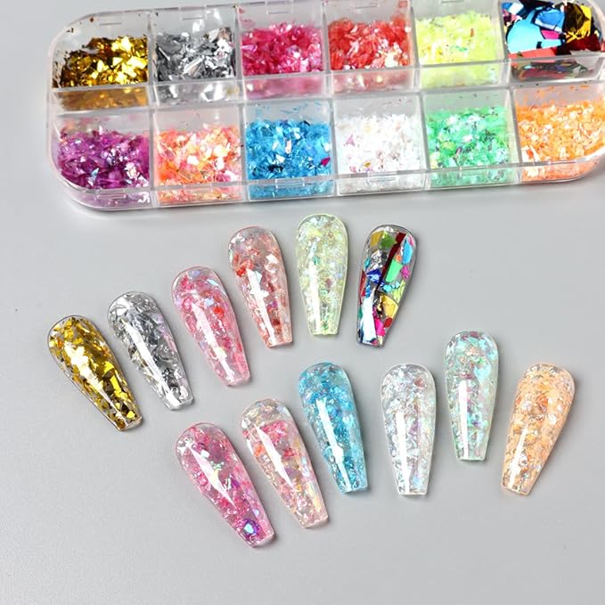 12 Colors Holographic Nail Art Glitter 3D Iridescent Glitter Nail Foil Flakes Ice Slag Nail Glitter Mermaid Flakes Colorful Fluorescent Confetti Nail Sequins Sticker for DIY Manicure Make Up Crafts