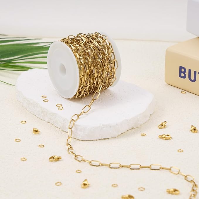 GTVOODX 16.4 Feet 18K Gold PVD Plated Paperclip Chain Roll, Stainless Steel 5x10mm Soldered Oval Link Chain Bulk for DIY Jewelry Making with Lobster Clasps and Jump Rings