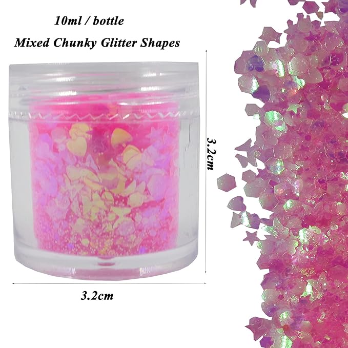 12 Colors Butterfly Star Chunky Glitter Flakes Holographic Heart Hexagon Shapes Crafts Body Glitter Sparkles Nail Sequins Stickers Accessories for Nail Arts, Resin Epoxy, Paints, Makeup