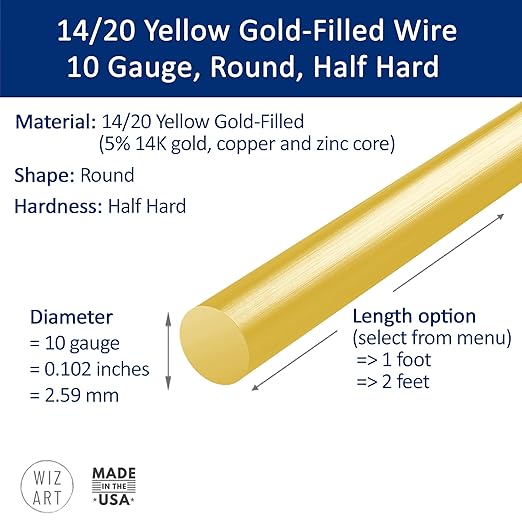 10 Gauge, Round, Half Hard, 14/20 Yellow Gold-Filled Wire - 1 FT - for Jewelry Art from WIZART