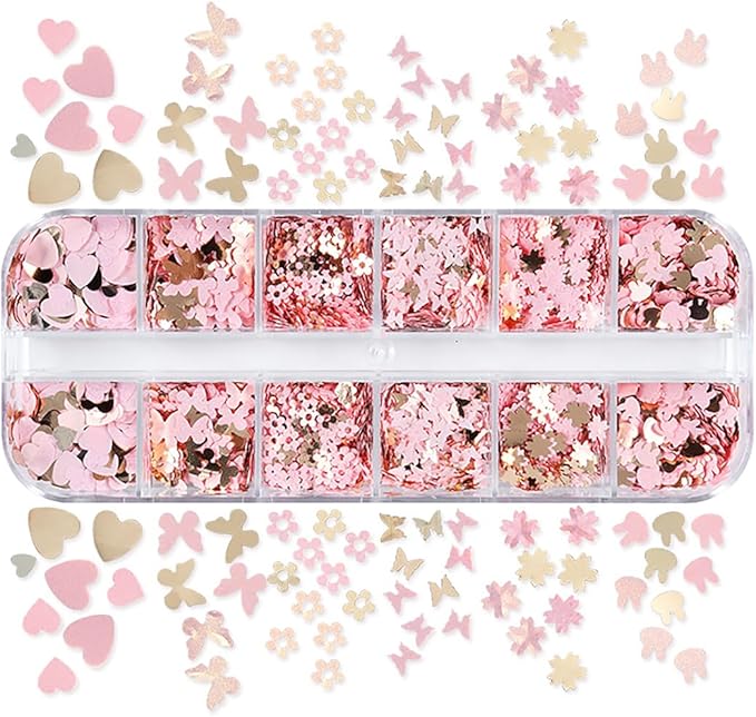 12Grids Valentine's Day Nail Glitter Sequins Holographic Gold Pink Heart Nail Art Glitter Flakes 3D Flower Rabbit Butterfly Charm Nail Sequins Glitter Nail Supplies for Acrylic Nail Decor Accessories