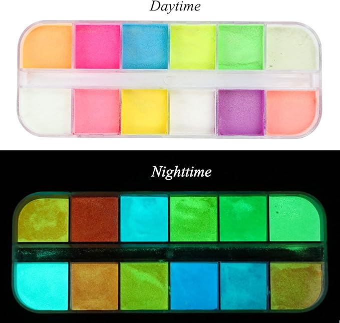 12 Colors Luminous Nail Powder Night Fluorescent Pigment Holographic Glitter Glow Liquid Nail Art Dust Design Sparkle Nails Supplies 3D Nail Art Decoration for Women Girls Manicure Tips Charms