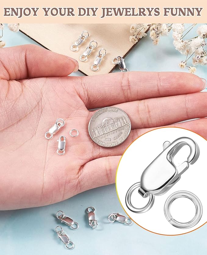 Kcctoo Silver Lobster Claw Clasp with Closed Jump Rings 14K Gold Necklace Clasps and Closures for Jewelry Making, Made in Italy 12mm(0.47inch) (4Pcs -Silver A2)