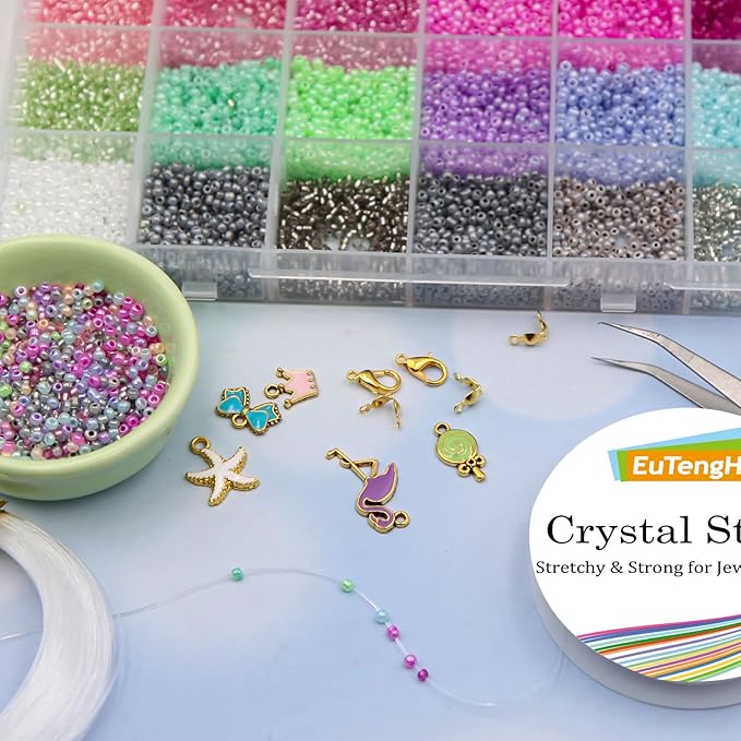 EuTengHao 18000Pcs Pony Seed Beads 2mm Glass Beads Waist Beads with Tweezers Strings for DIY Bracelet Necklaces Earring Jewelry Making Crafts (750 Per Color, 24 Colors)