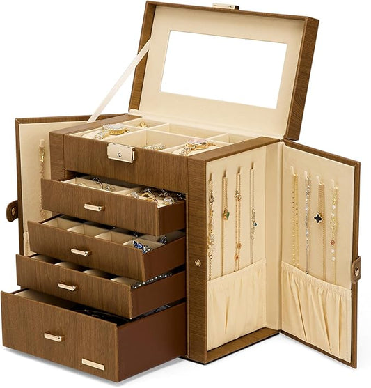 Homde Valentine's Day Gifts Synthetic Leather Huge Jewelry Box Mirrored Watch Organizer Necklace Ring Earring Storage Lockable Gift Case (Brown + Gold)