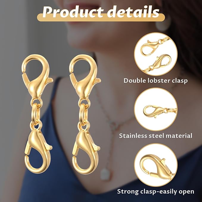 10 Pcs Double Lobster Clasp Necklace Chain Extenders Bracelet Clasp Connector Gold Lobster Claw Clasps Double Opening Jewelry Clasps for DIY Jewelry Making
