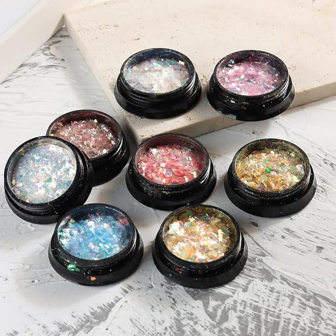 Holographic Mermaid Nail Art Glitter Iridescent Flakes, 8 Colors Aurora Irregular Ice Slag Opal Nail Foil Flakes Ultra-Thin Paillettes Glitter Sequins for Gel Polish Nail Art Decoration, Resin Craft