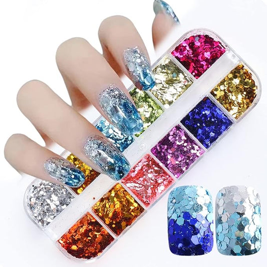 Holographic Mermaid Glitter Nail Art Sequins, 3D Geometry Hexagon Sparkly Nail Flakes, Laser Glitters Acrylic Nails Supplies for Women Girls Manicure Charms Decorations, DIY Resin Shiny Nail Art Tips