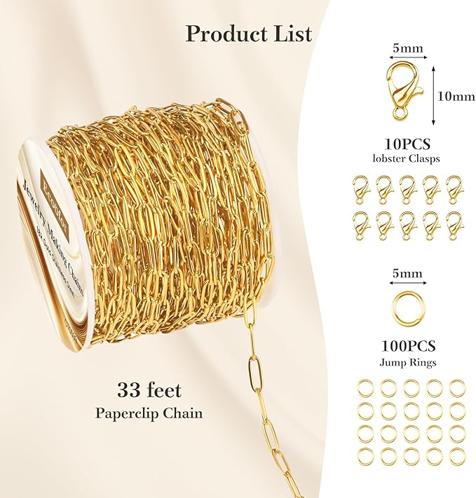 33 Ft 18k Gold Stainless Steel Paperclip Chains Roll - 3mm Width, Gold Plated Chain with Jump Rings & Lobster Clasps
