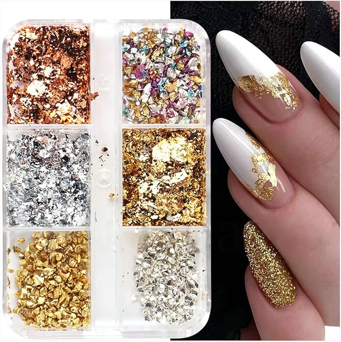 6 Grids Metallic Nail Art Foil Flakes,Gold Nail Glitter Flake Holographic Glitters Sequins 3D Sparkly Aluminum Foil Flake Gold Silver Nails Glitter Flakes Nail Art Supplies for Women