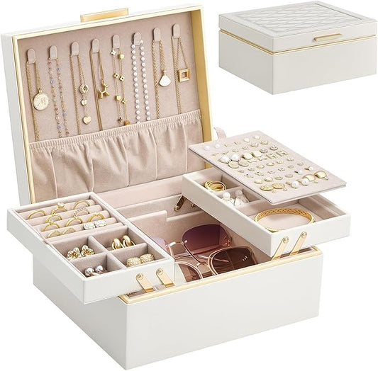 Lolalet Jewelry Box Organizer for Women Girls, 2 Layer Jewelry Organizers and Storage for Necklace Earrings Rings Bracelets, Large Jewellery Holder Case Birthday Valentine Gifts -Cream