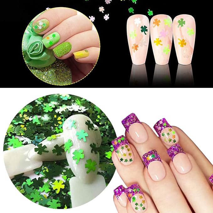 Clover Glitter Nail Art Sequins, 12 Colors Clover Leaf Glitter Acrylic Nails Supplies for Women, Girls & Manicure St. Patrick's Day Decorations, DIY Crafts