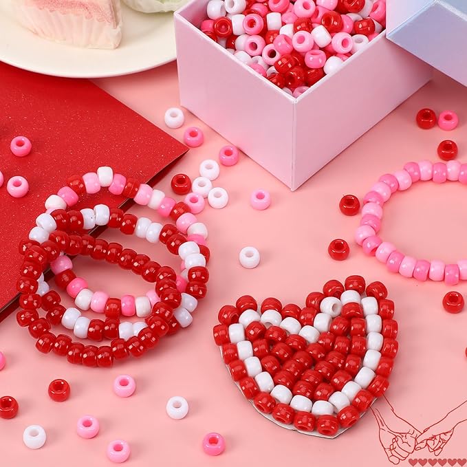 UPINS 1200Pcs Valentine's Day Pony Beads for Jewelry Making Bracelets Crafts Plastic Small Spacer Beads Pink Rose Red White Pony Beads DIY Hair Beads for Necklace Bracelets Earrings Supplies