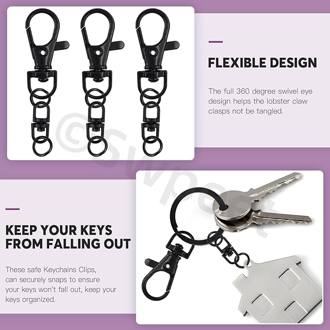 Swpeet Assorted 150Pcs Black Keychain Making Kit, 50Pcs Swivel Lobster Claw Clasps, 50Pcs Rotating 8-Shaped Buckle Claw Clasp, 50Pcs Jump Ring, Swivel Trigger Hook, Swivel Clasps Lanyard Snap Hook
