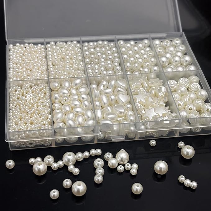 1300pcs Pearl Round Spacer Beads Set 3/4/5/6/8mm 5 Size and 5 Styles Pearl Spacer Beads for Bracelets Jewelry Making Necklace Earring Making Supply