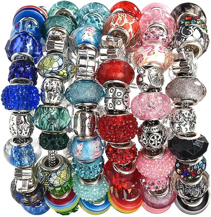 60 Pieces Assorted European Beads with Plating Silver Metal Alloy Rhinestone Large Hole Spacer Beads for DIY Charm Bracelet Jewelry Making (Alloy Spacer Beads)