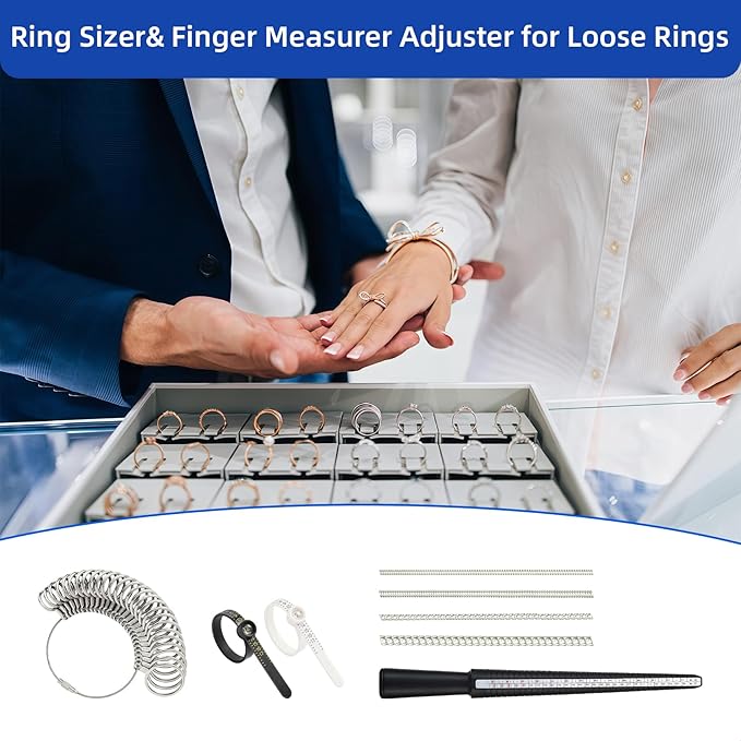 CllyCnny Ring Sizer Measuring Tool Kit : Mandrel Measurer with 27 Steel Measuring Rings US 0-13, 2 PCS Finger Size Gauge US 1-17, 4 PCS Finger Measurer Adjuster for Loose Rings for Men Women